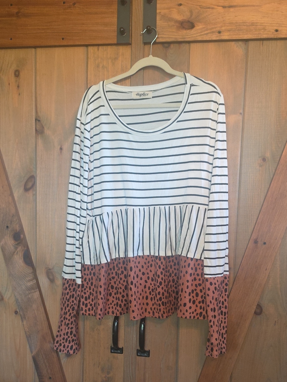 Haptics Mixed-Print Long Sleeve Top in White and Rust Leopard